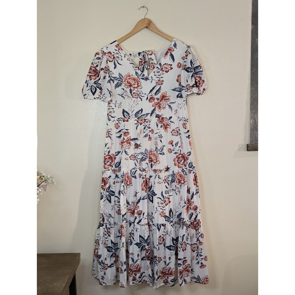 Lucky Brand Floral Tiered Midi Dress Puff Sleeve Cotton Blend Womens Size Small - Picture 4 of 14